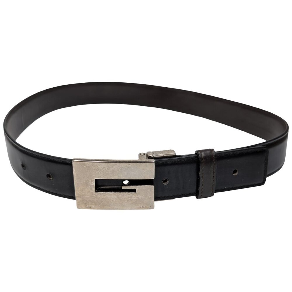 Vtg Gucci Silver G Cutout Leather Belt Mens Black Rectangular Buckle EU 70 US 28